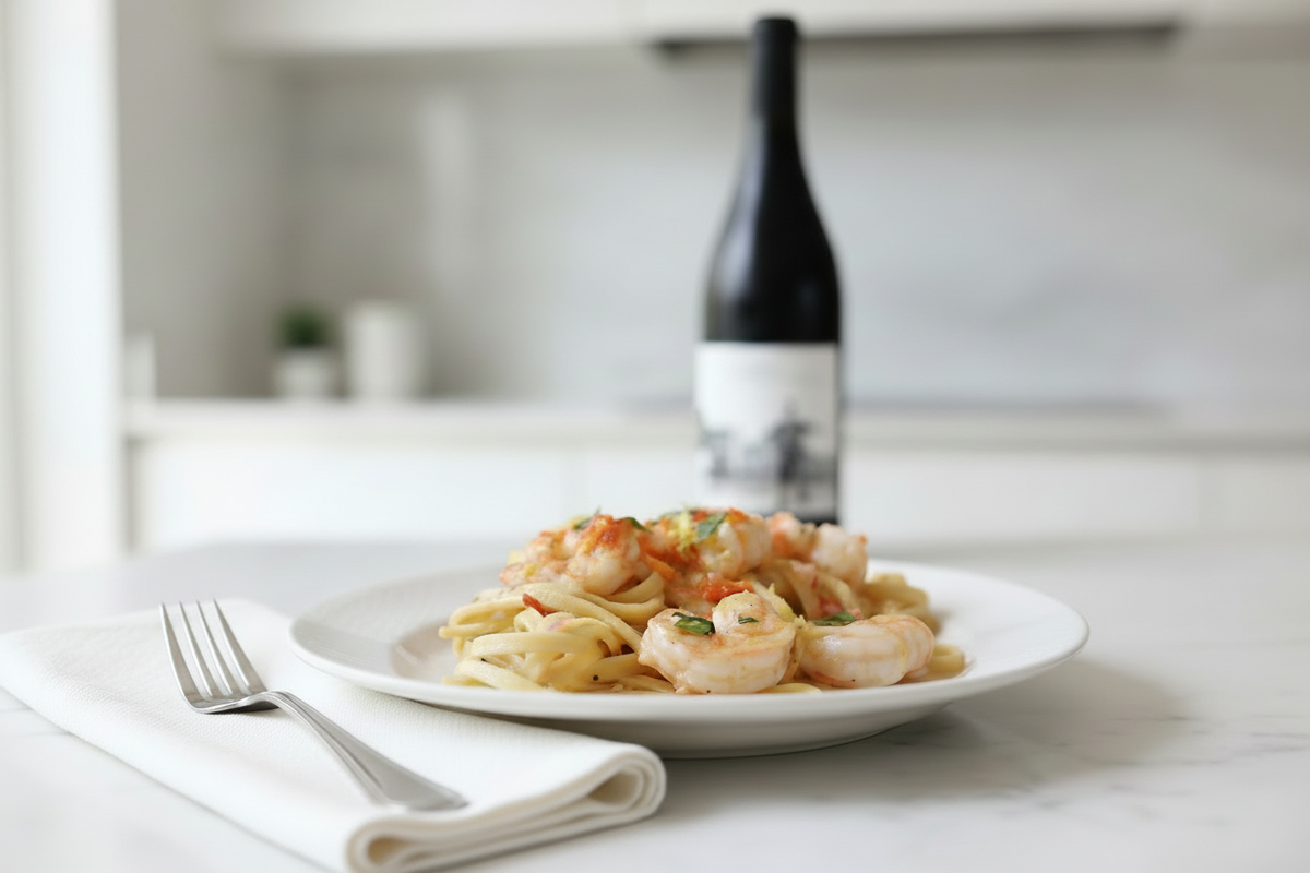 Fettuccine with shrimp and wine bottle white lifestyle 