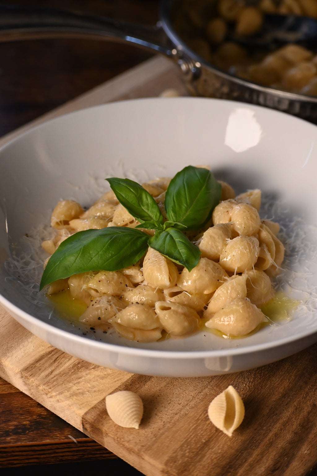 Shells with with sauce and basil